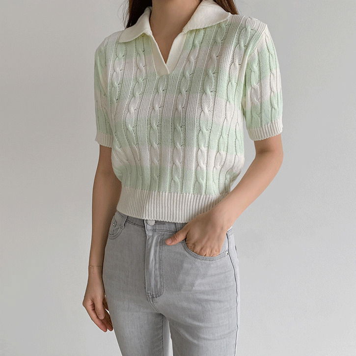 Color Matching Open Collar 3 Twisted Short Sleeve Knitwear 