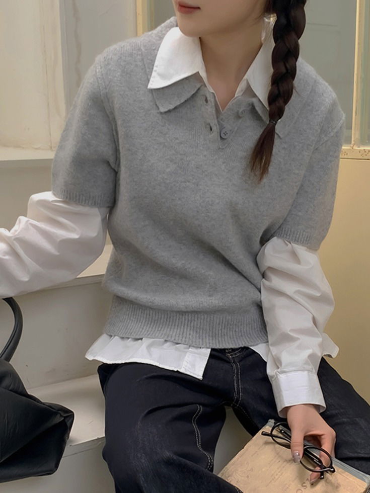 簡約排扣領短袖針織上衣