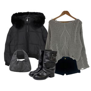 羽絨外套,短褲,針織衫 코디