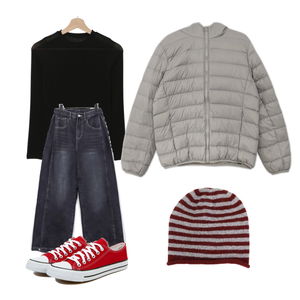니트,데님,스니커즈 코디