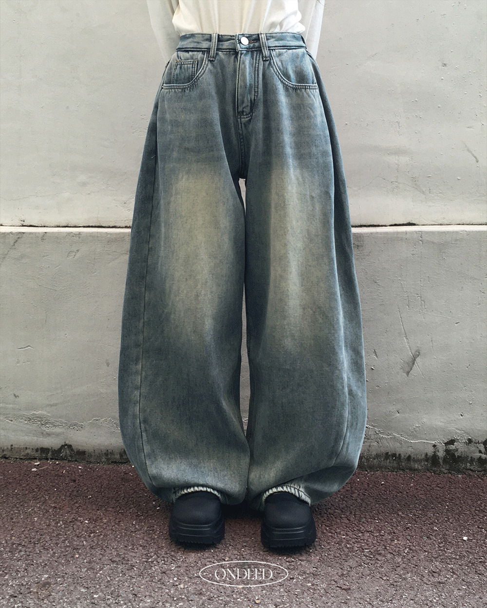 パイエ裏起毛ビンテージワイドデニムパンツ