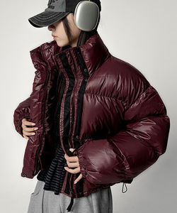 撞色拼接雙向拉鍊立領短版羽絨外套