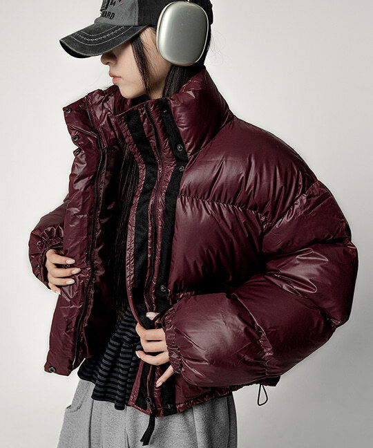 撞色拼接雙向拉鍊立領短版羽絨外套