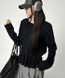 條紋荷葉邊圓領長袖T恤
