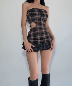 オフレイヤードチェック切り替えホールスリーブレストップ