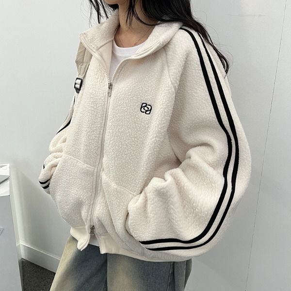 Warm two-way embroidered track fleece zip-up