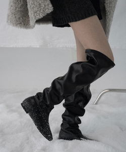Lielin Loose-fit shirring flat long boots