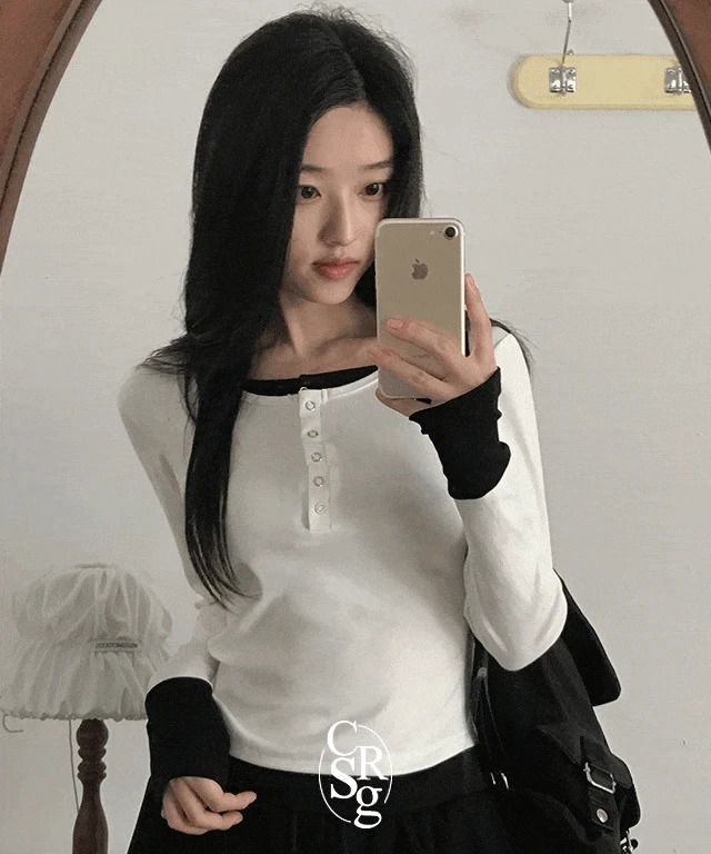 Liten Henley Neck Two-tone Layered Long Sleeve T-shirt 长袖上衣