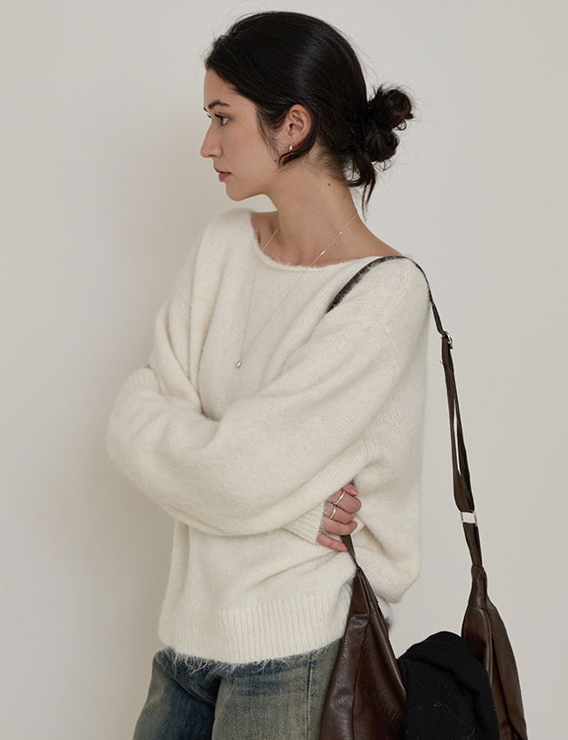 優雅寬鬆羊毛船領針織毛衣