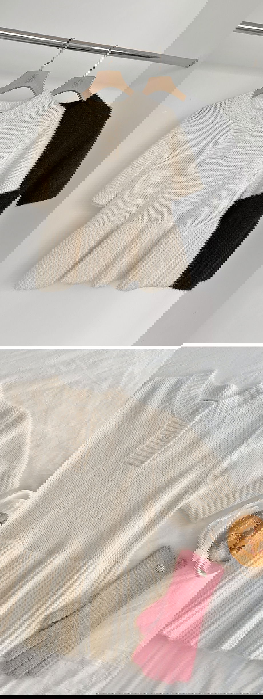 리리앤코 벨로테린 페플럼 버튼 루즈핏 반팔 니트