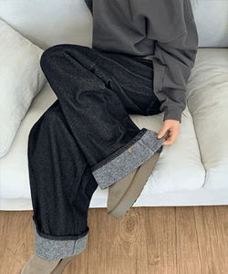 Velours Roll-Up Fleece-lined Wide Pants