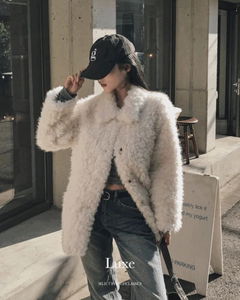 Luxe Wool 80% Collar Suede Lining Hairy Half Coat Loose-fit Winter Coat Poggle Shearling Fur Jacket