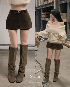 Semi-belt set side-slit winter skirt pants wool mini skirt