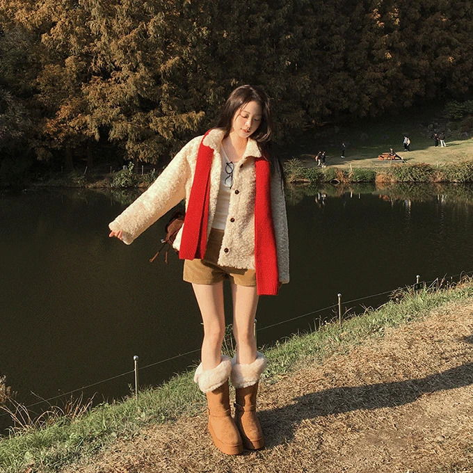 翻領絨毛拼接外套