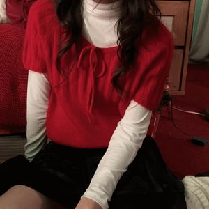 아리아 앙고라 리본 레이어드 반팔 니트 3 color 겨울하객룩/크리스마스룩/빨간니트