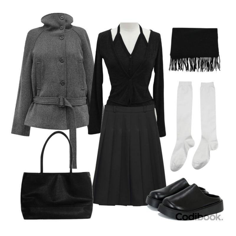 MAENIQUE 트리아 베이직 수술 머플러,binary01 루밋 베이직 니삭스,moaround 웨스딘 투웨이 스퀘어 레더 숄더백 -2color등을 매치한 코디