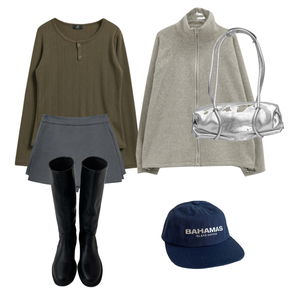 긴팔티,모자,스커트 코디