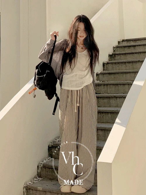 融融直條紋寬鬆棉質長褲