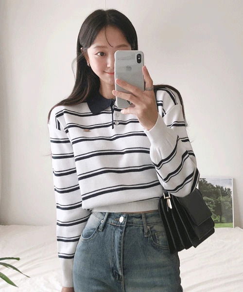 キニービ ダンガラクロップ配色ボタンカラー長袖ニット