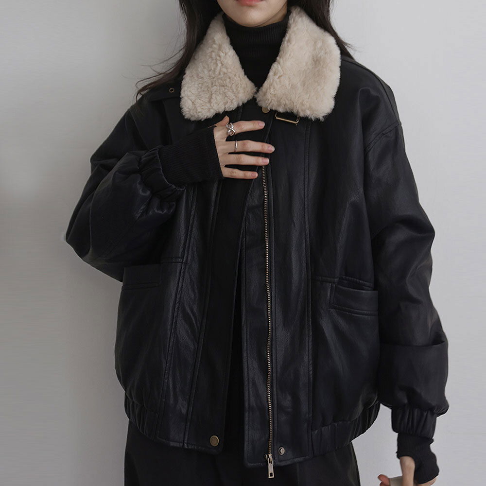 Veron 的寬鬆高領毛領皮革短夾克