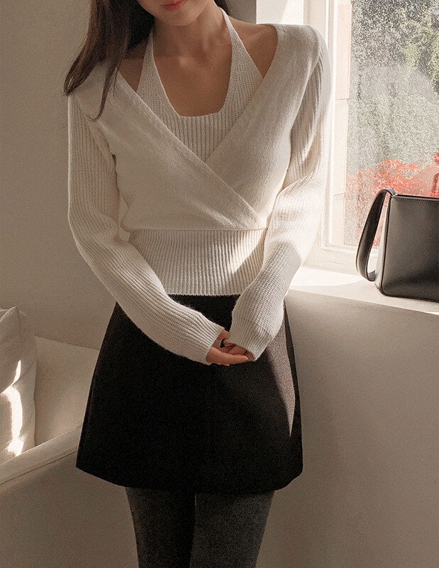 多層次V領針織上衣
