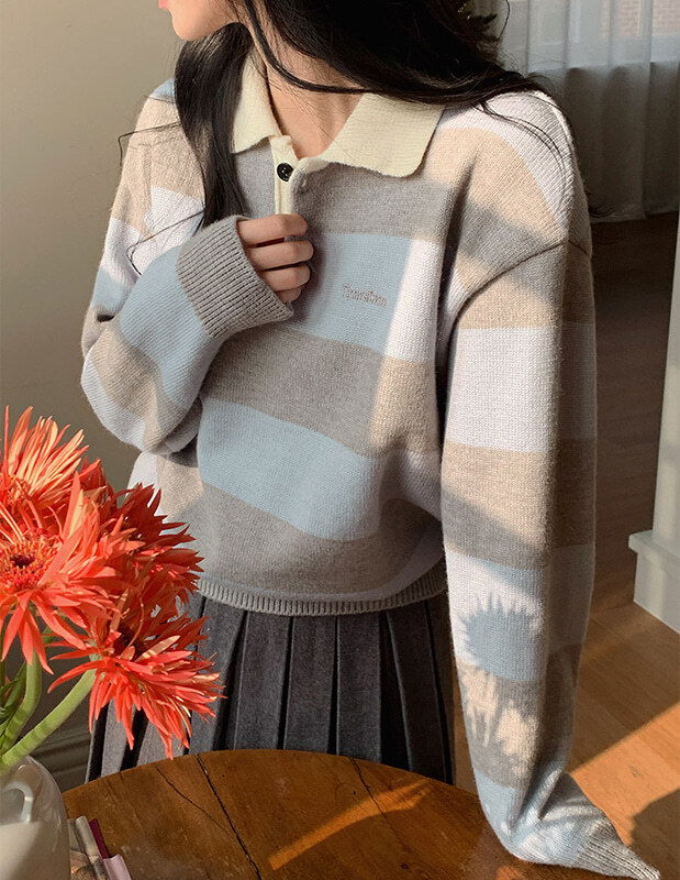 灰色條紋翻領寬鬆羊毛針織衫