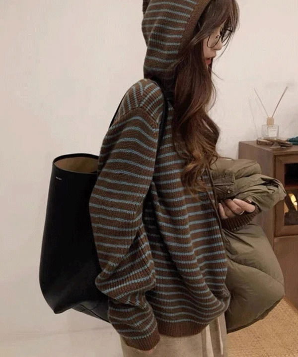 D86 Brown Blue Striped Knitwear Hoodie 針織衫