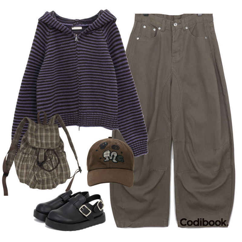 wonderwonder 주리 절개 핀턱 벌룬 코튼 롱 팬츠,FloridaStudio 에브리데이 미요 볼드솔 유니크 뮬 슬리퍼 ED2516,DUGGY 너티 체크 백팩 (2color)등을 매치한 코디