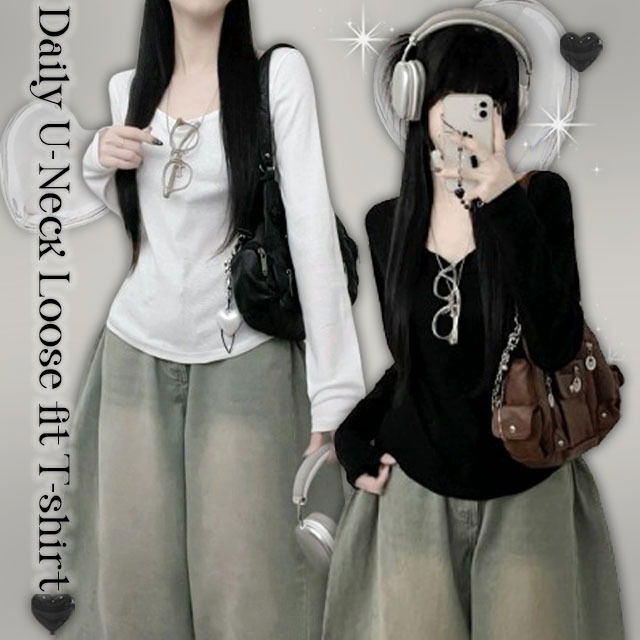 遮手背寬鬆V領素色內搭長袖T恤