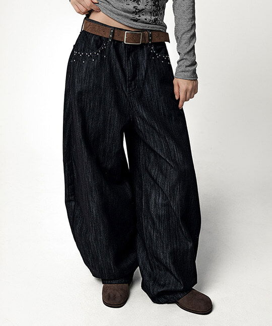 Hanchute Stud Balloon Wide Non-Fade Denim Pants