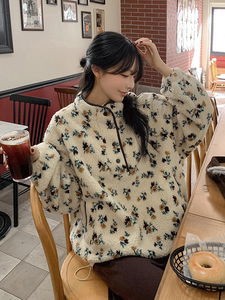 로로 플라워 뽀글이 오버핏 후리스 맨투맨 (3color)