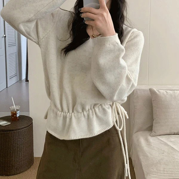 V領荷葉邊腰部綁帶針織上衣