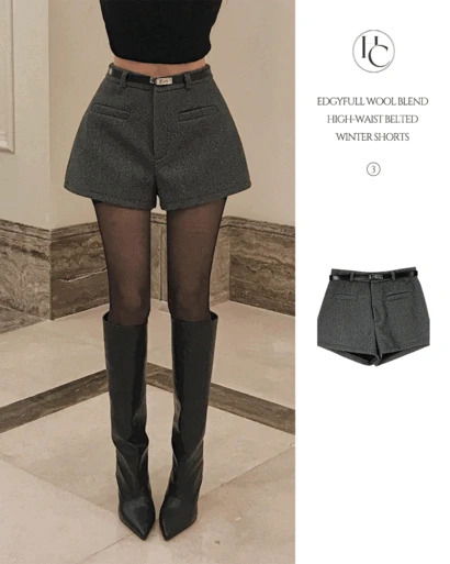 에지풀 하이웨스트 벨트 세트 데일리 겨울 반바지 울 모직 숏 팬츠