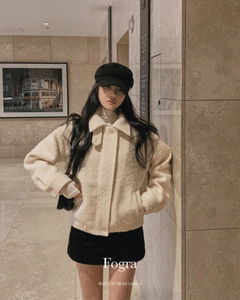 Fogra Collar High Neck Bijou Button Lining Quilted Dumble Boucle Blue Winter Jacket