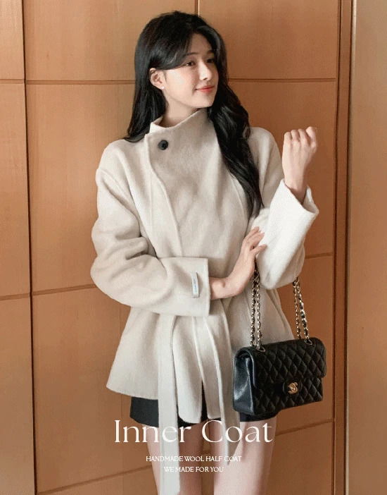 手工製作羊毛落肩半長大衣