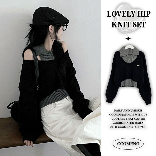 Button Knitwear Sleeveless + Patch Off-Shoulder Crop Knit Set