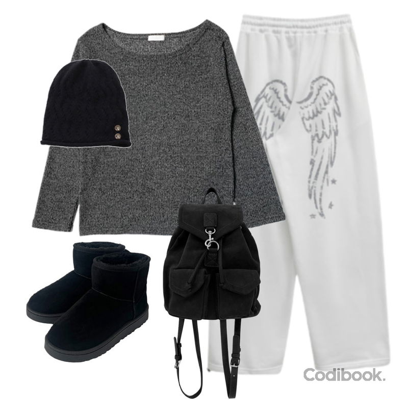 anyonemore 벤자 어그 양털 숏 부츠 (5color),J-BLIN 니바 스웨이드 포켓 백팩,thepink 엔디 벌룬핏 엔젤 기모 와이드 트레이닝 팬츠 (3color)등을 매치한 코디
