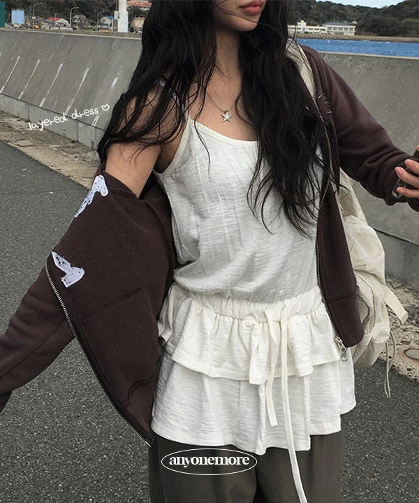 立體褶邊拉鍊U領無袖迷你洋裝