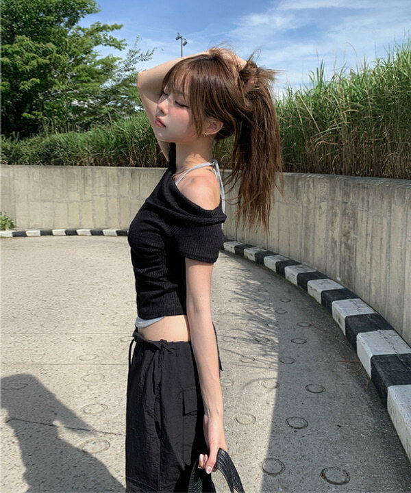 바우 홀터 레이어드 오프숄더 반팔 티셔츠 (3color)