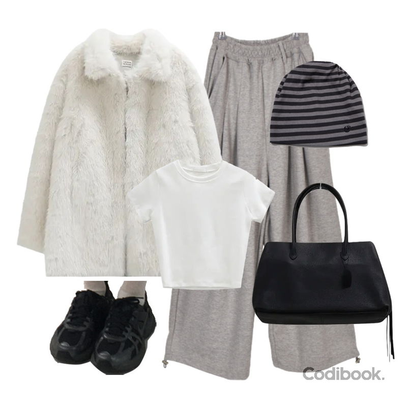 EEZEE Kiring Double Pintuck Wide Pants PA059,SOMEPLACE 심볼 로고 포인트 스트라이프 비니_2COLOR,WONLOG WONT 로맨티 퍼 자켓등을 매치한 코디