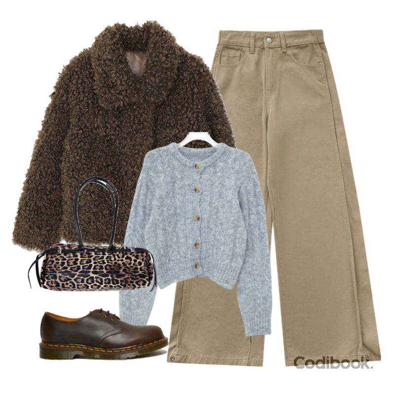 JASMINBELL 메티 허리 스냅비조 절개 밑단조절 조거 와이드 팬츠,E-PICK 피셔 라운드 가디건,wonderwonder 키무 호피 바게트 숄더백등을 매치한 코디