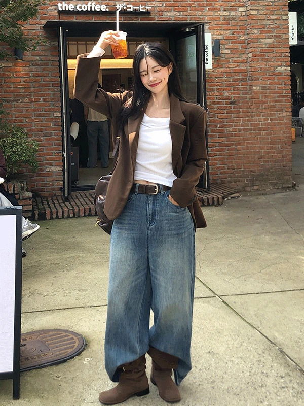 復古水洗牛仔寬褲