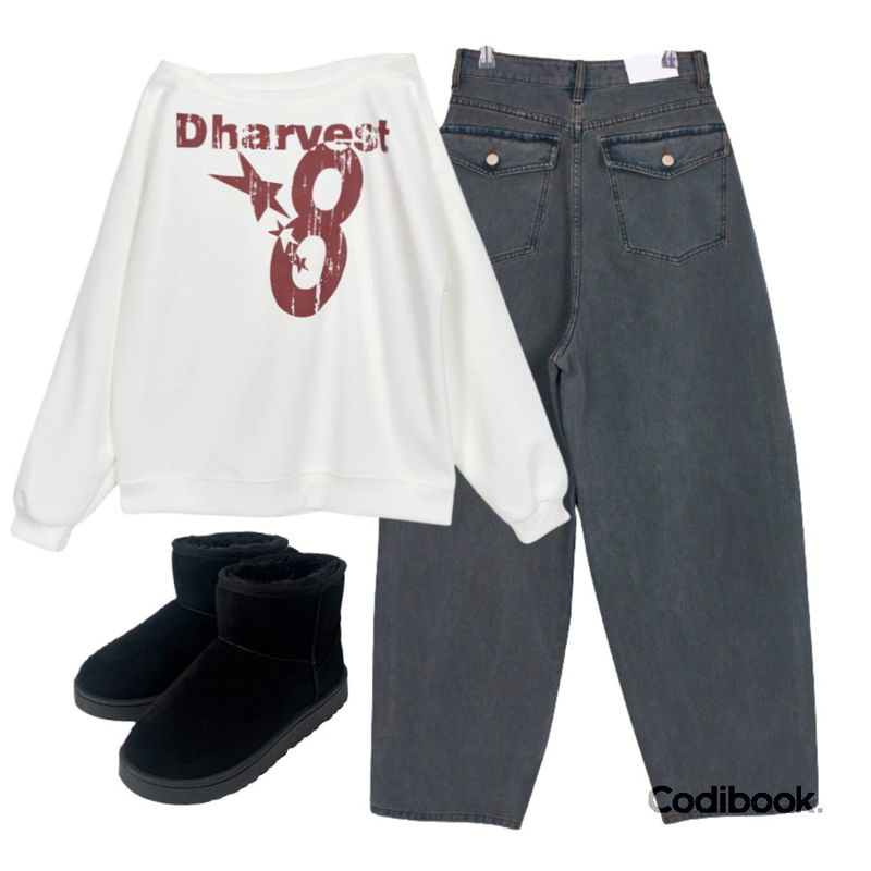 anyonemore 벤자 어그 양털 숏 부츠 (5color),EEZEE Vintage Washing Back Pocket Balloon Denim DE064,EEZEE Harvest Off-Shoulder Long Sleeve Sweatshirt TS072등을 매치한 코디