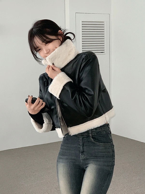 短版立領皮革拉鍊外套