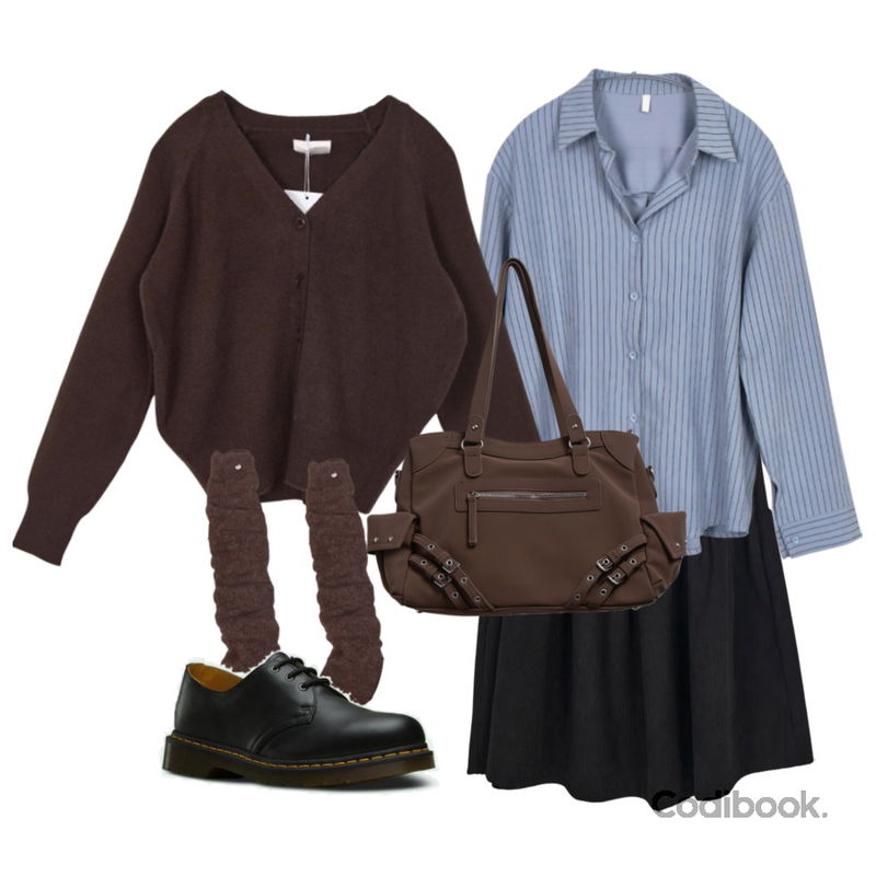 noirmute 디절브 아일렛 벨트 레더 빅 숄더백 EYELET BELT LEATHER BIG SHOULDER BAG,EEZEE Brown Preppy Skirt SK021,EEZEE Heather Rib Daily Long Socks AC009등을 매치한 코디