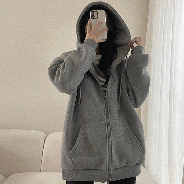 Comfortable and cute, oversized fleece hooded Fleece-lined in 2 colors 拉鍊外套