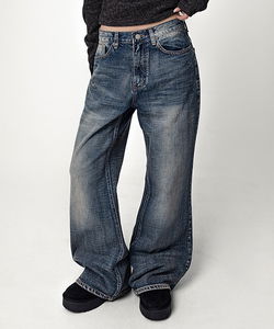 Bohat Faded Washed Low-Rise Semi Flared Denim Pants