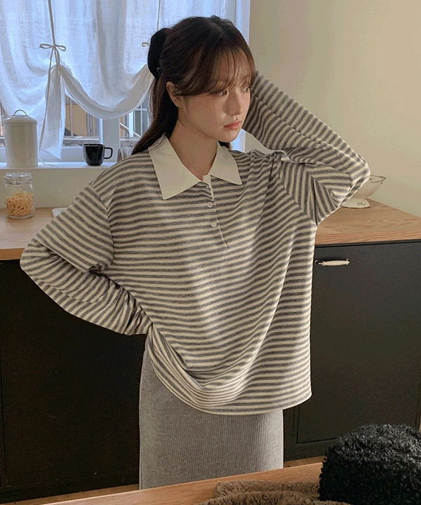 아딘즈 양기모 카라 단가라 긴팔 티셔츠 -4color