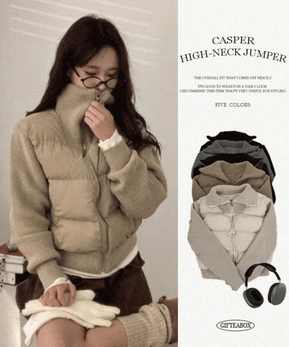 高領拼接針織保暖羽絨外套