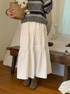 休閒風荷葉邊麂皮質感長版傘擺裙